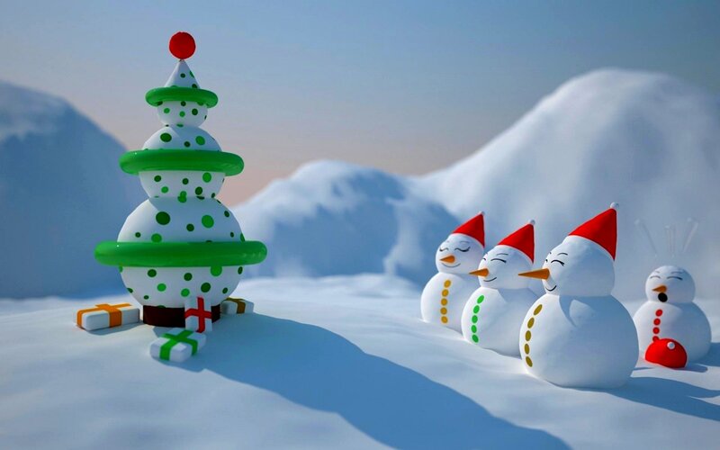 Snowmen and Christmas Tree — White, Festive, Winter