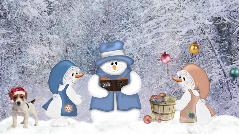 Snowmen and Puppy in Snow