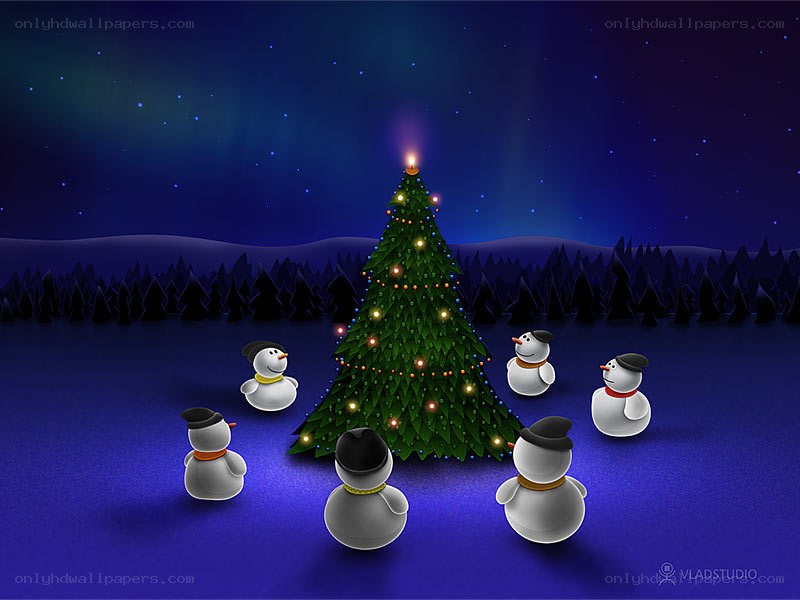 Snowmen around a Christmas tree