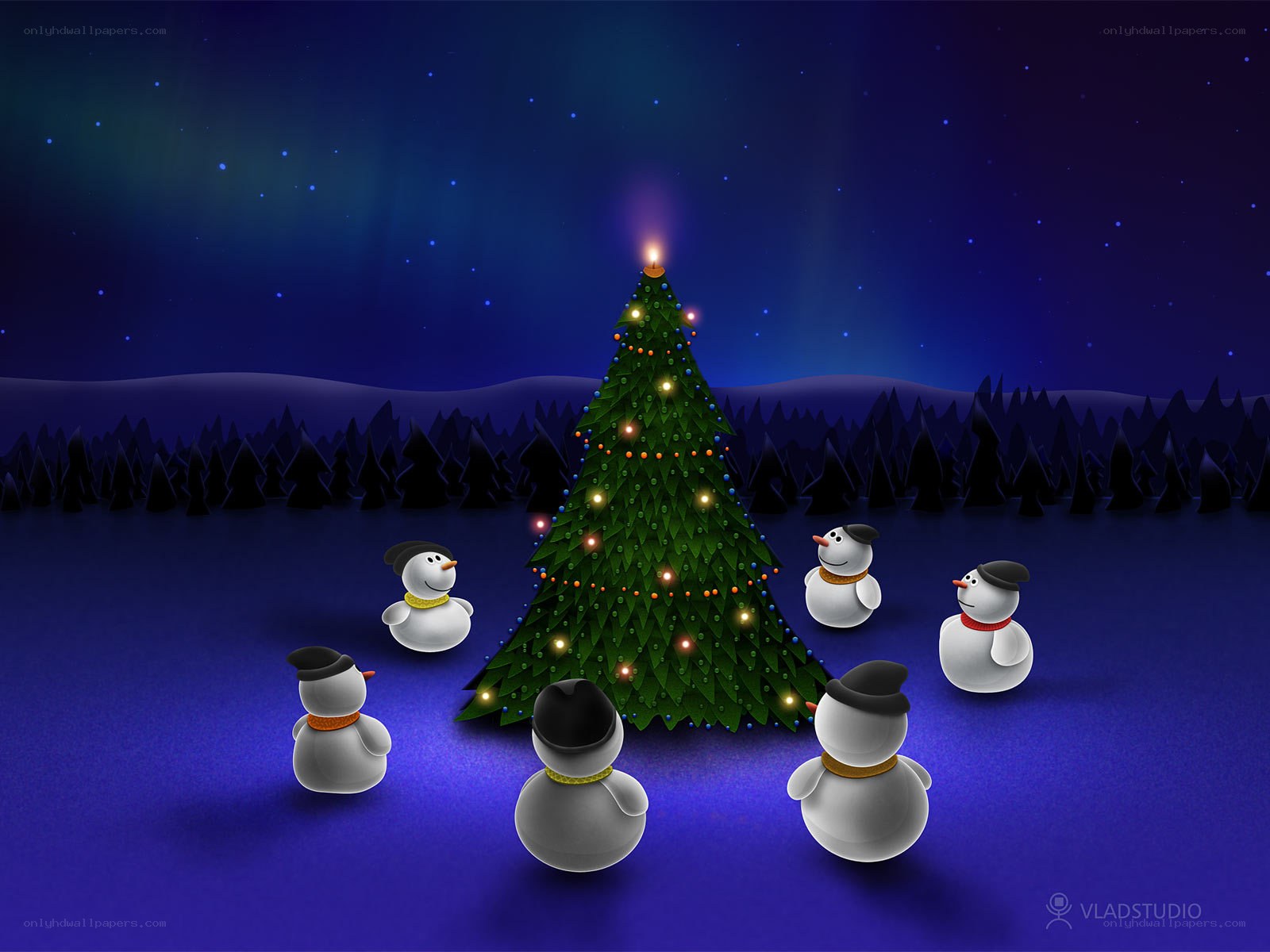 Snowmen around a Christmas tree