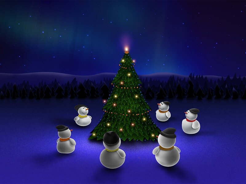 Snowmen around a Christmas tree