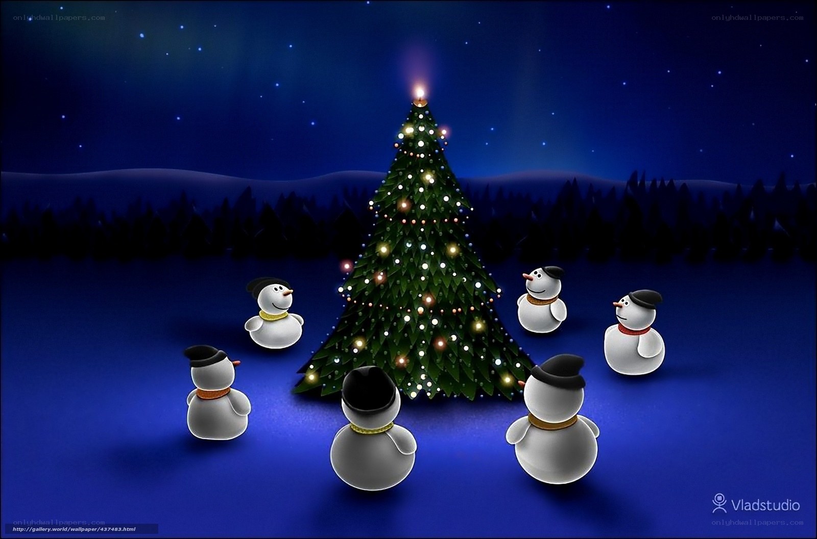 Snowmen around Christmas tree
