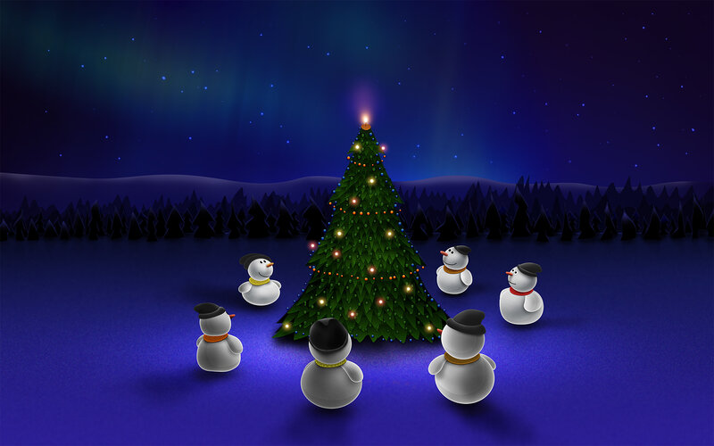 Snowmen around Christmas tree