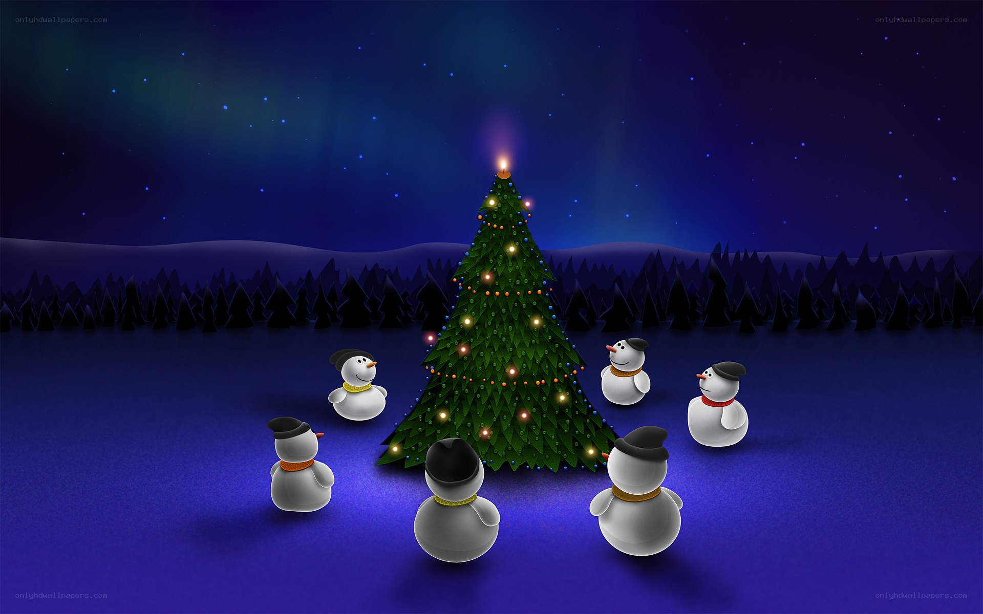Snowmen around Christmas tree
