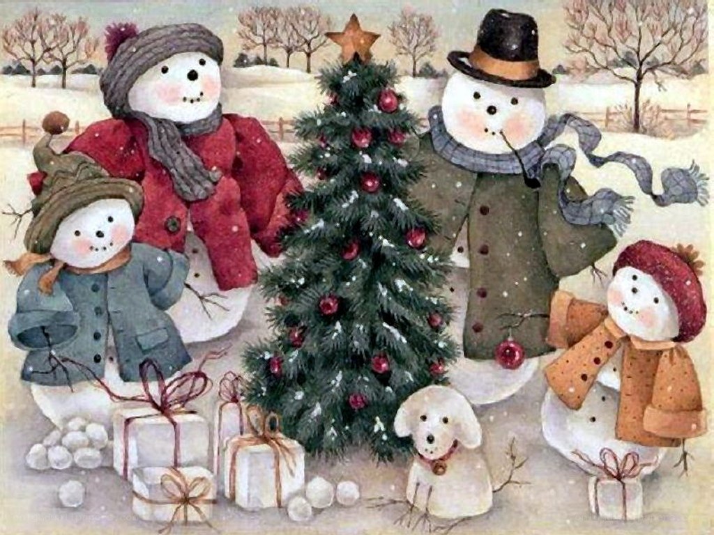 Snowmen around Christmas tree
