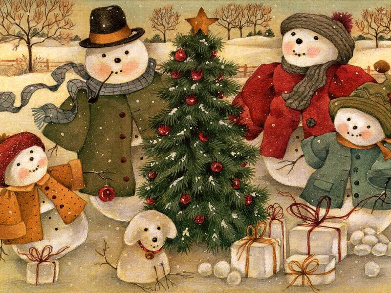 Snowmen Around Christmas Tree — Green
