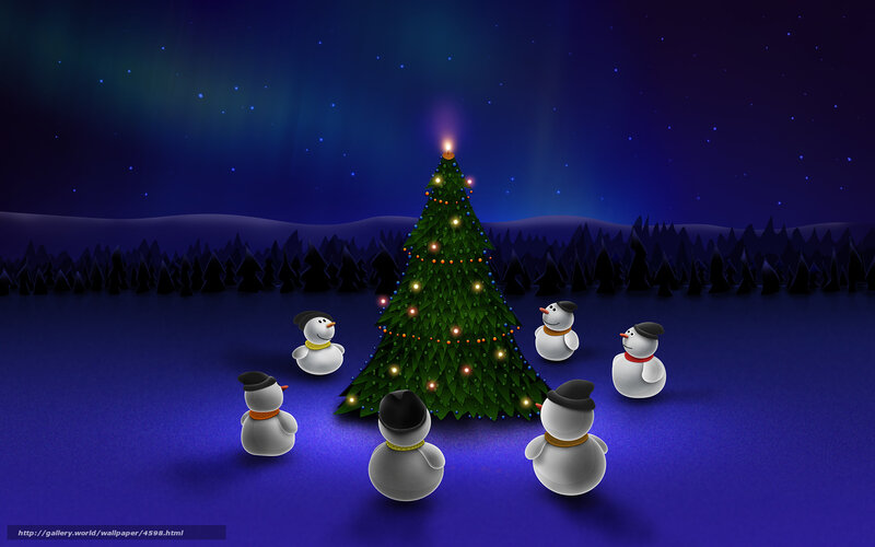 Snowmen around Christmas tree