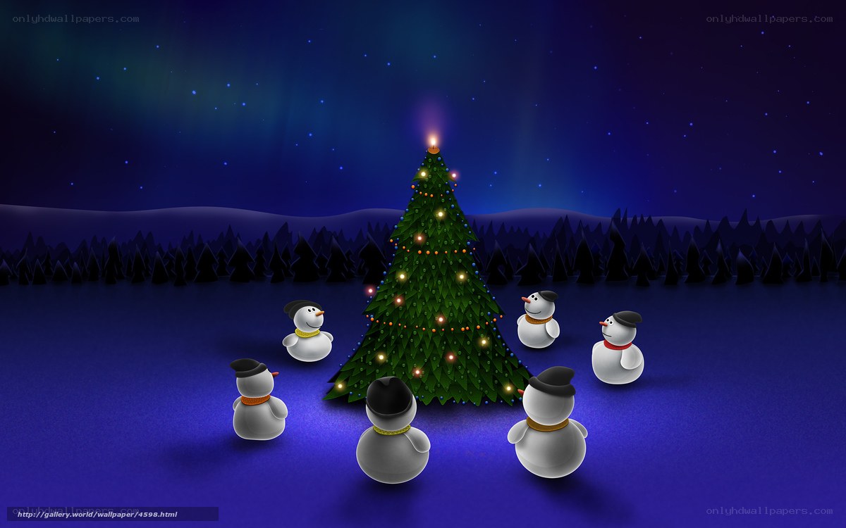 Snowmen around Christmas tree