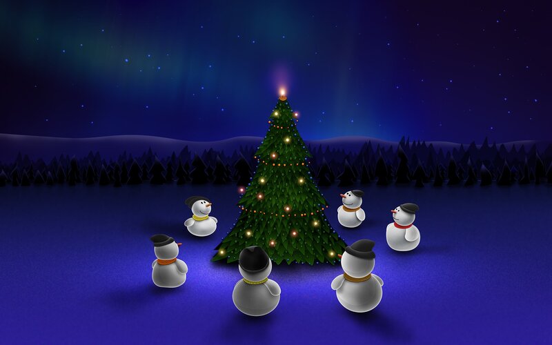 Snowmen Around Tree — Blue, Festive, Night, 3d Render, Christmas Tree, Forest