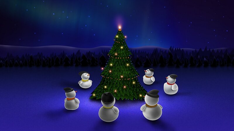Snowmen Around Tree — Blue, Festive, Night, 3d Render