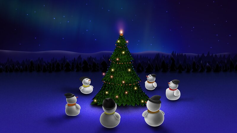 Snowmen Around Tree — Blue, Festive, Night, Digital Art