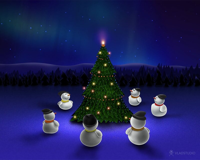 Snowmen Around Tree — Blue, Festive, Night