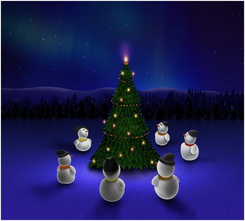 Snowmen Around Tree — Blue, Festive