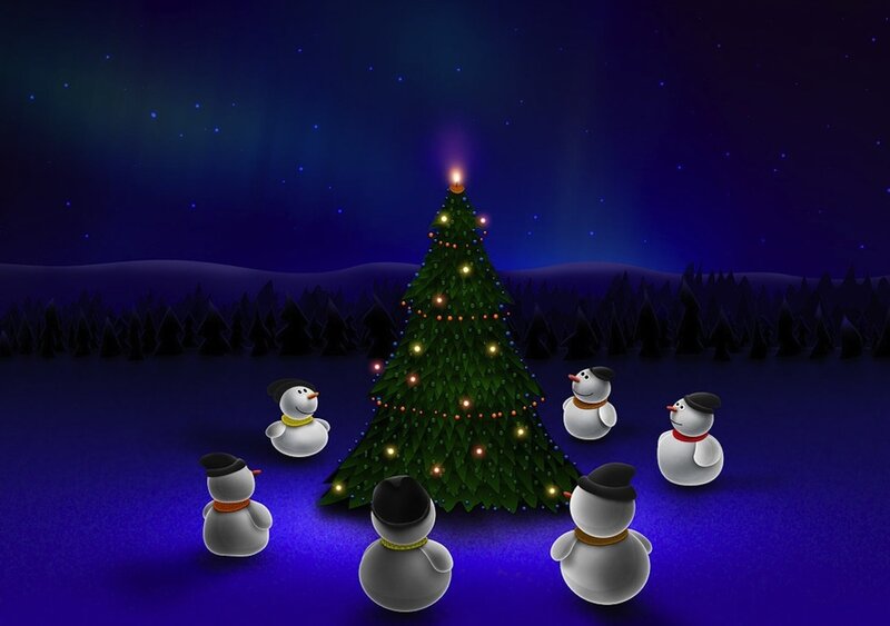 Snowmen Around Tree — Blue