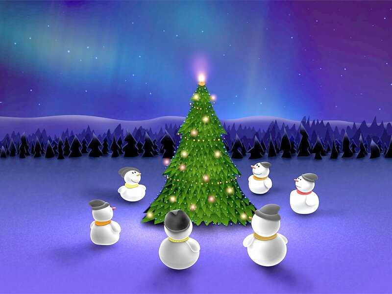 Snowmen Around Tree — Purple