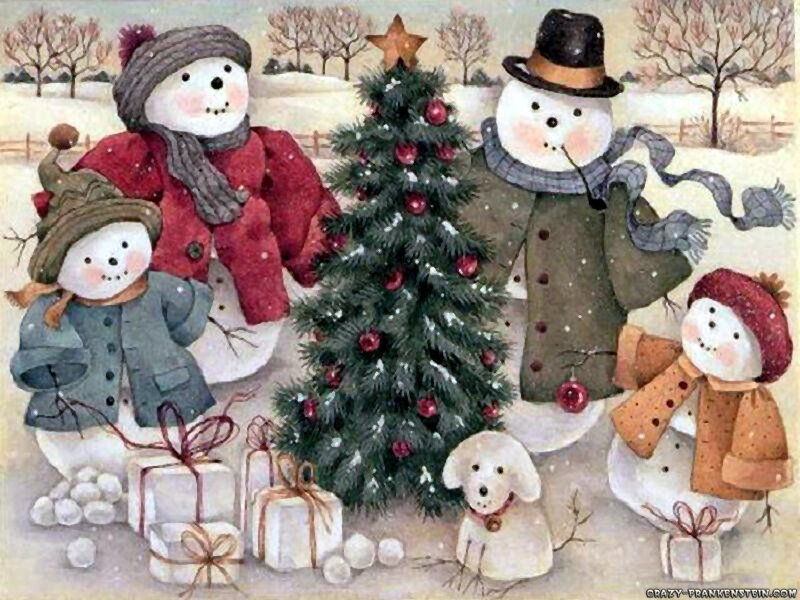 Snowmen Around Tree — White