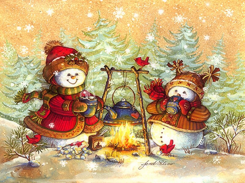 Snowmen at Campfire