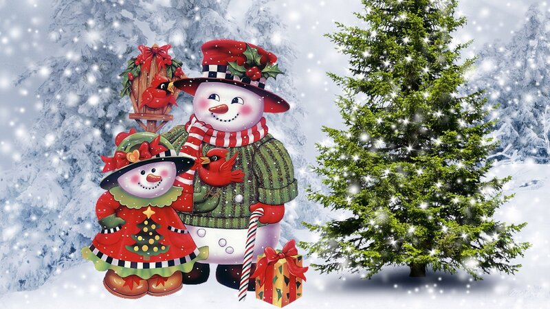 Snowmen Couple in Snow — White