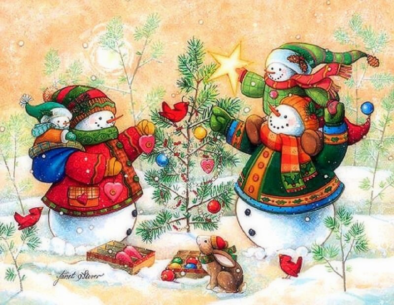 Snowmen Decorating Tree — Green