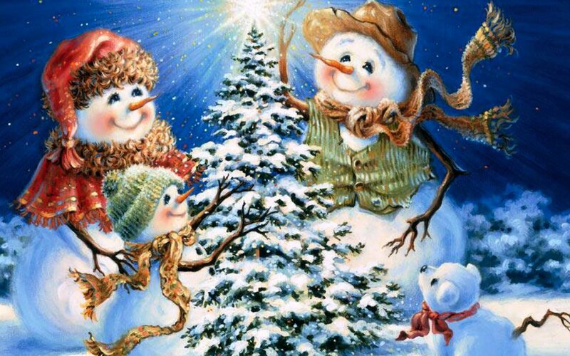 Snowmen Family in Snow — Blue, Festive