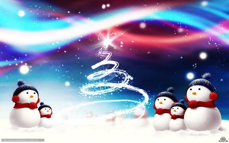 Snowmen Family in Snow — Blue, Festive, Winter, Digital Art