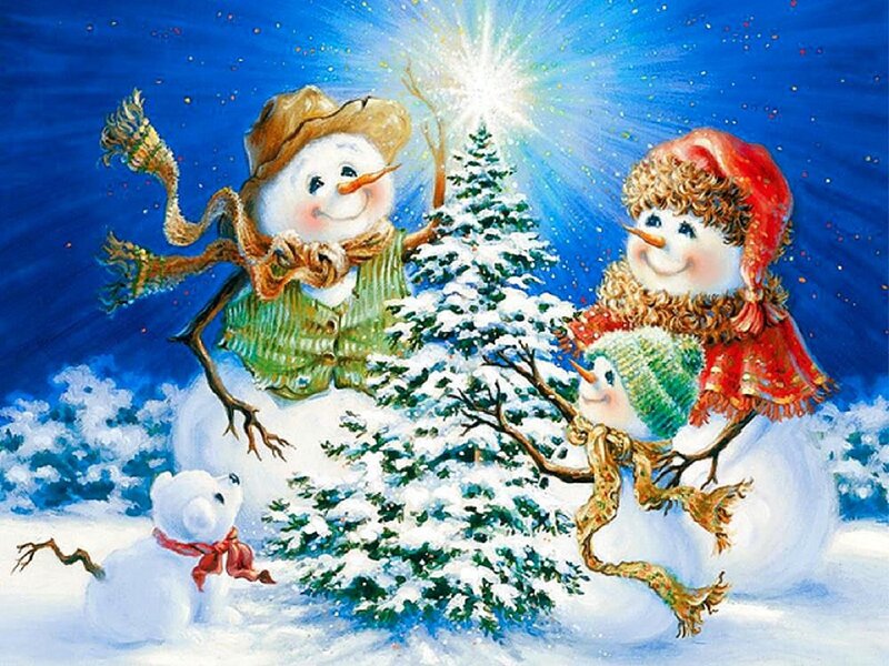 Snowmen Family in Snow — Blue, Festive, Winter, Illustration