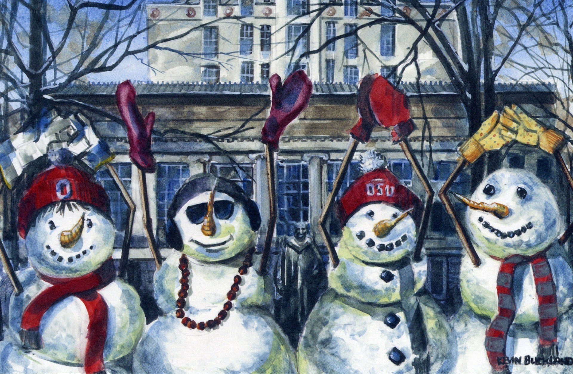 Snowmen in a city scene