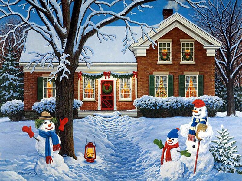 Snowmen in Front Yard — White, Festive
