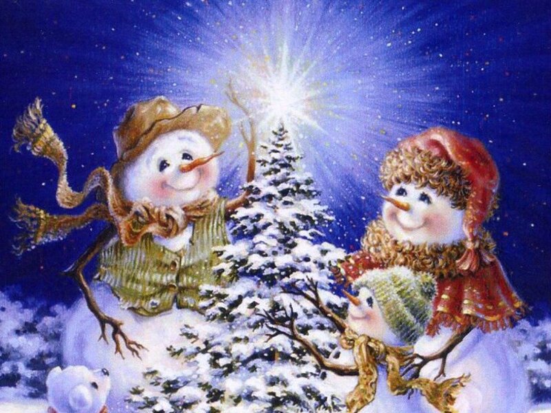 Snowmen in Winter — Blue, Festive, Night