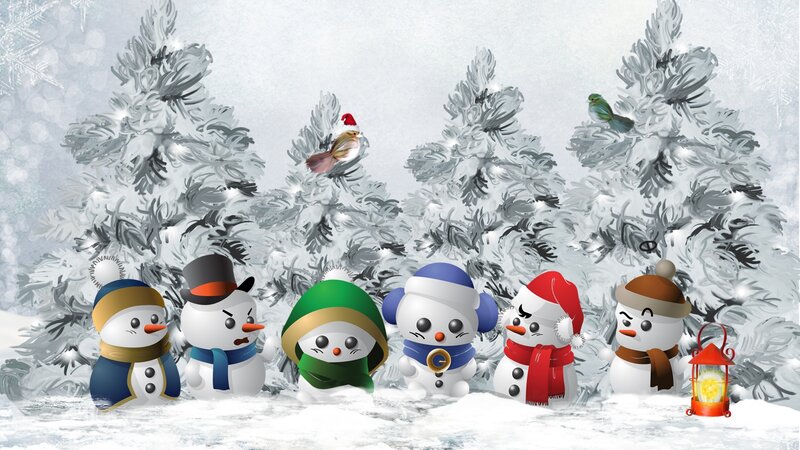Snowmen in Winter Forest — White