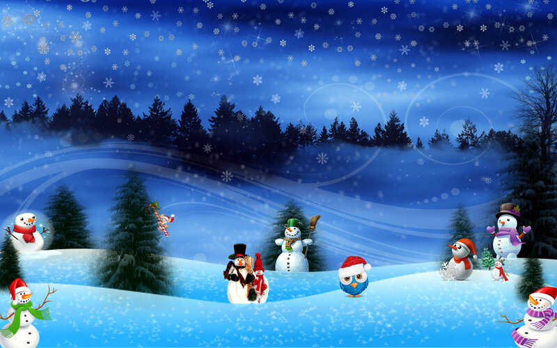Snowmen in Winter Landscape — Blue, Festive