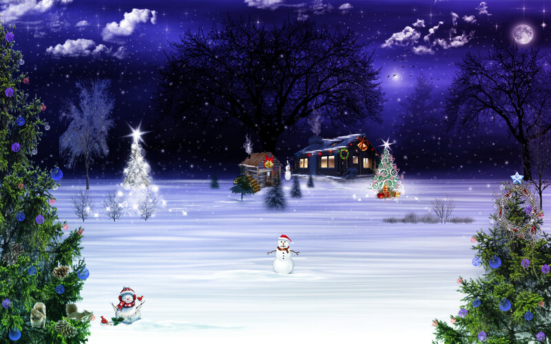Snowmen in Winter Landscape — Purple