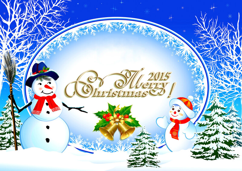 Snowmen in Winter Scene — Blue, Festive, Digital Art