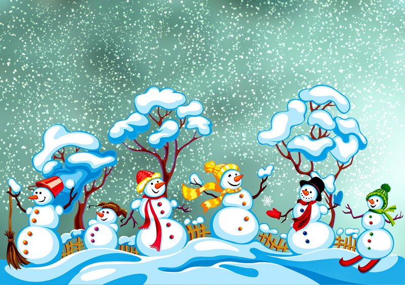 Snowmen in Winter Scene — Blue, Festive, Illustration