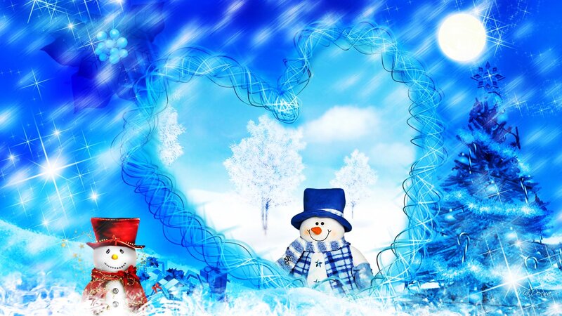 Snowmen in Winter Scene — Blue, Festive, Night, Digital Art