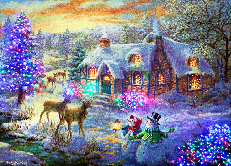Snowmen in Winter Scene — Blue, Festive, Painting
