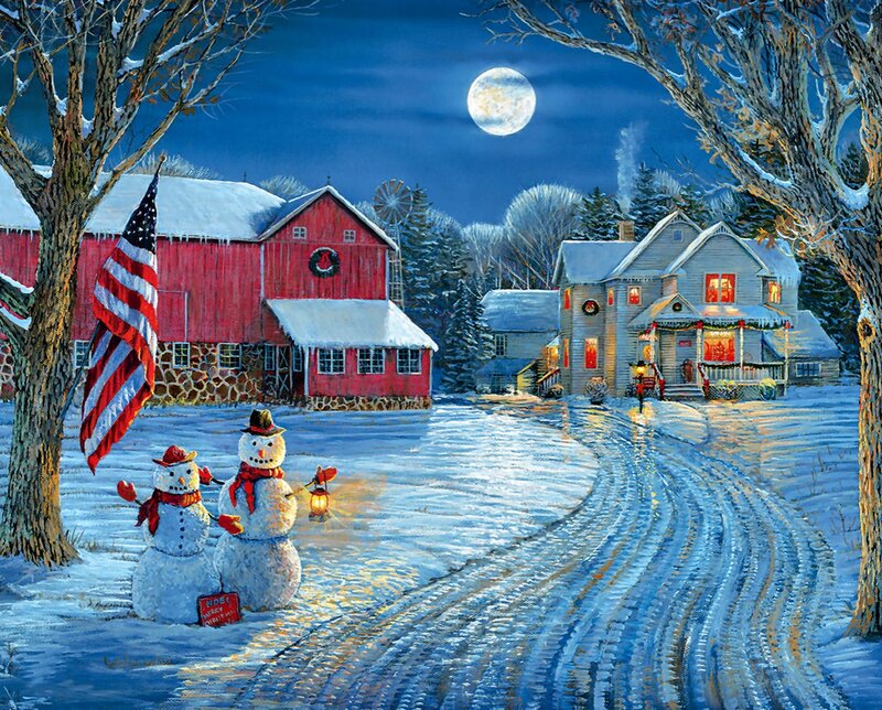 Snowmen in Winter Scene — Blue, Peaceful