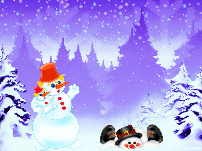 Snowmen in Winter Scene — Purple, Festive, Digital Art, Snowflakes