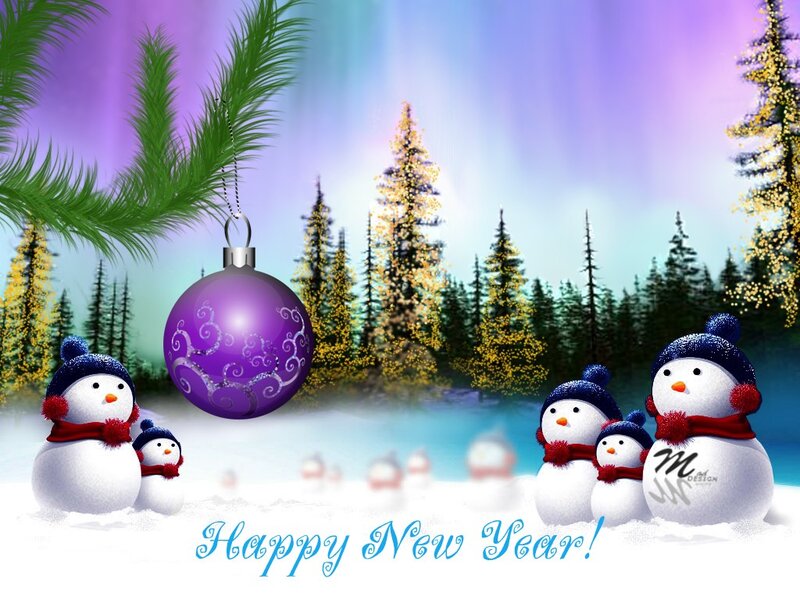 Snowmen in Winter Scene — Purple, Festive, Digital Art
