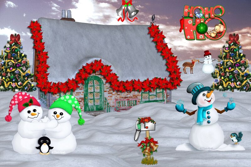 Snowmen in Winter Scene — White, Festive, Digital Art, Penguins