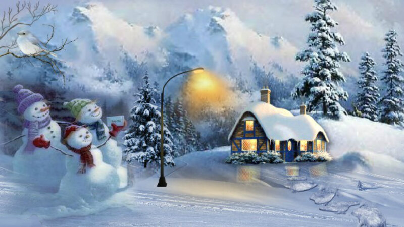 Snowmen in Winter Scene — White, Peaceful, Painting