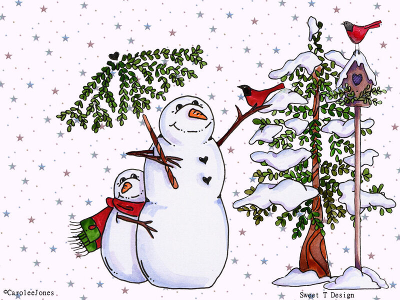 Snowmen in Winter Scene — White