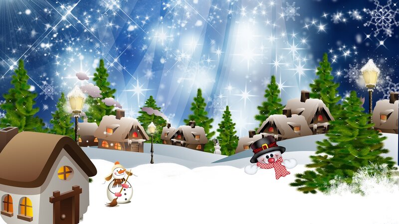Snowmen in Winter Village — Blue, Festive, Night, Digital Art