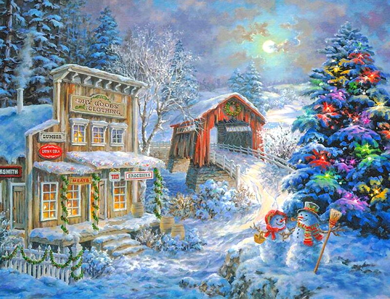 Snowmen in Winter Village — Blue, Festive, Night, Painting