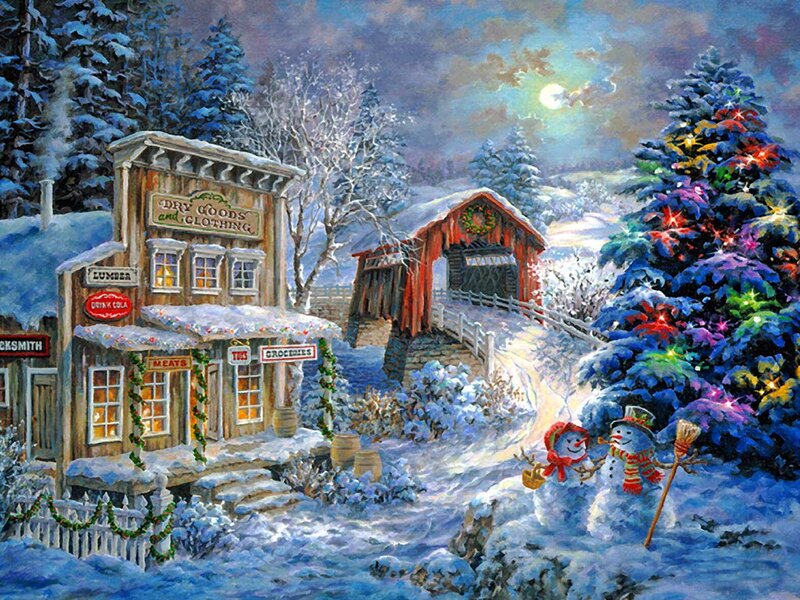 Snowmen in Winter Village — Blue, Festive