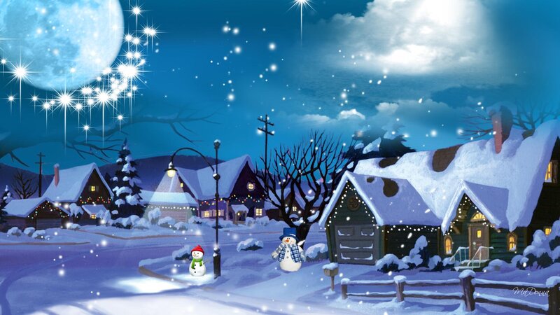 Snowmen in Winter Village — Blue, Peaceful, Night, Digital Art