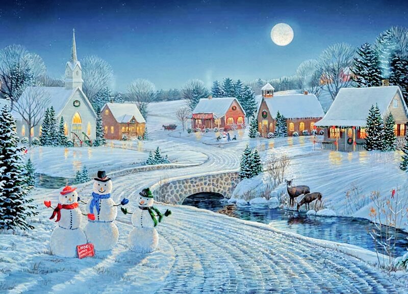 Snowmen in Winter Village — Blue, Peaceful, Night, Painting