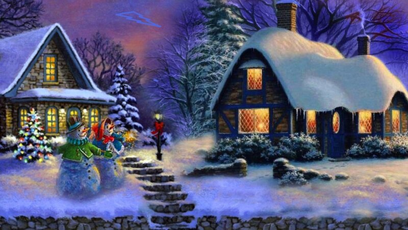 Snowmen in Winter Village — Blue, Peaceful, Night