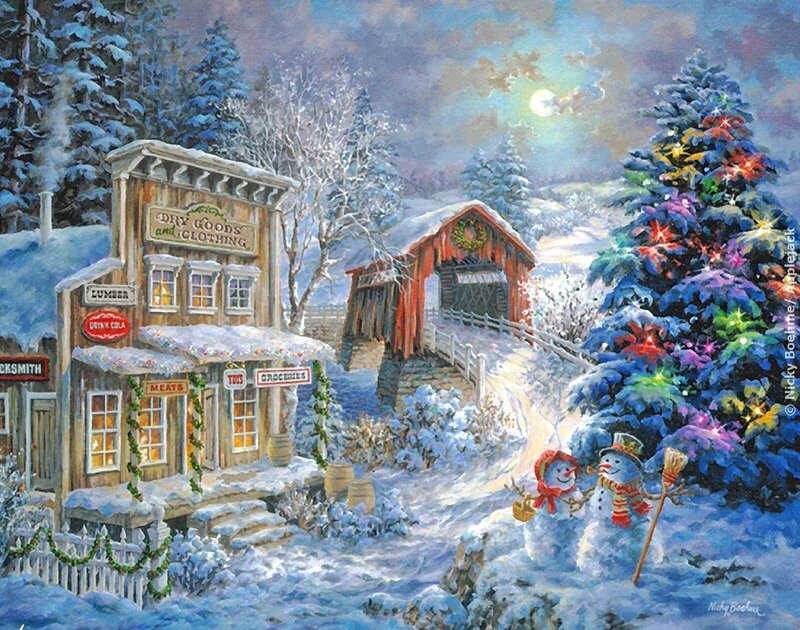 Snowmen in Winter Village — Blue
