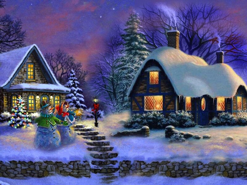 Snowmen in Winter Village — Purple
